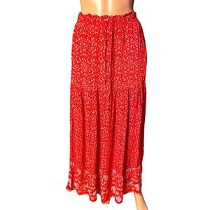 Red Smocked Tiered Maxi Skirt for Casual Wear